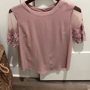 Lulu's Blush Pink Blouse with Sheer Embroidered Sleeves
